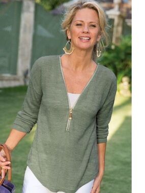 Soft Surroundings GREEN Valentina GOLD 1/2 Zip knit Sweater size medium women’s